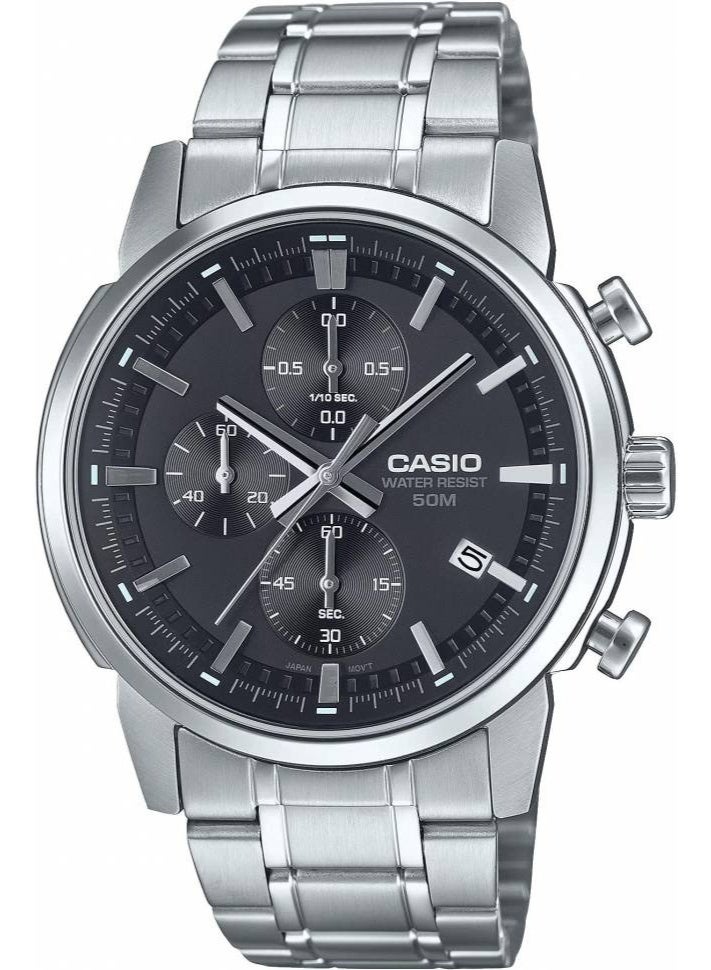 CASIO Enticer Analog Men’s Chronograph Watch MTP‑E510D‑1A1VDF, 47.5 mm Black Dial with Sub‑Dials, Silver Stainless Steel Bracelet, 50 m WR - Image 1